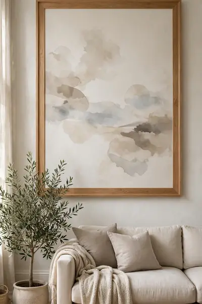 One large framed artwork centered above a sofa
