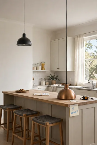 Pendants hung too high and too low over an island