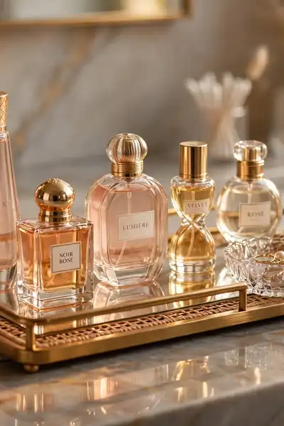 Perfume display tray with fragrance bottle collection