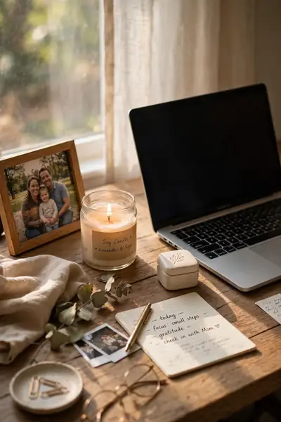 Personal desk touches: photo frame, soy candle, keepsake