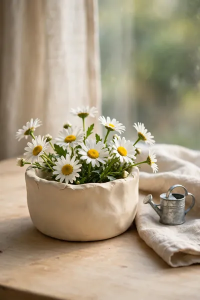 Small handmade pinch pot bowl holding fresh white daisies