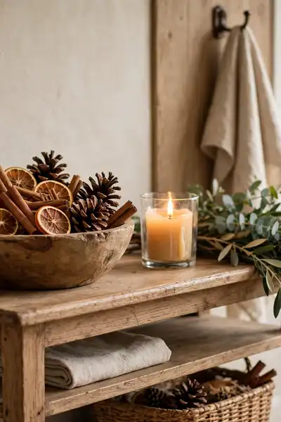 bowl of pinecones with cinnamon sticks