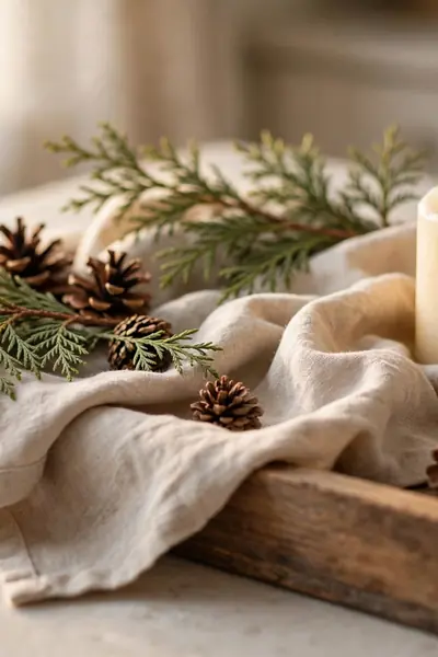 Pinecone and greenery tray vignette