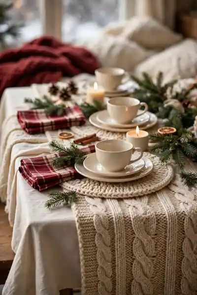 A tea table with plaid napkins and a knit runner