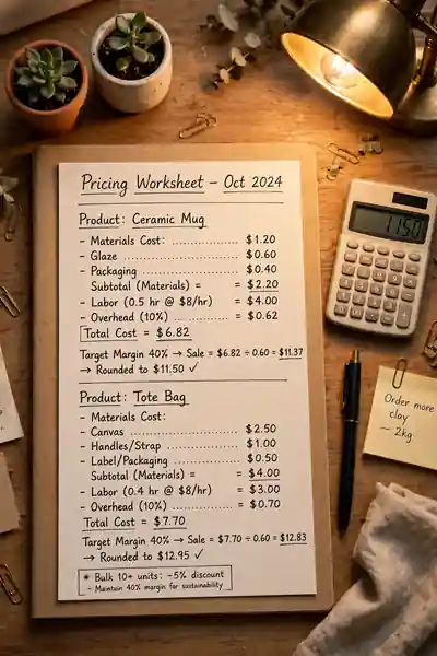 Handwritten plant pricing worksheet with calculator