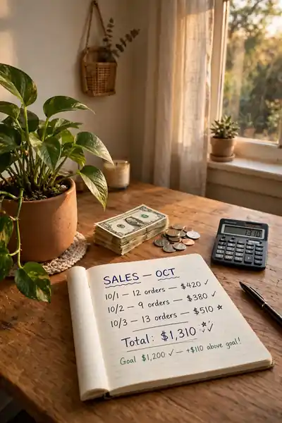 Cash earnings beside potted plants and a sales notebook