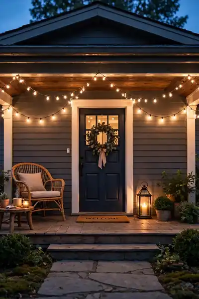 Front porch glowing with string lights at dusk