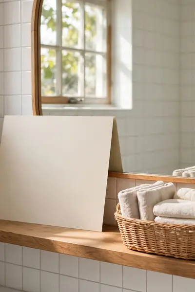 Tidy bathroom with a weekly checklist card by the mirror