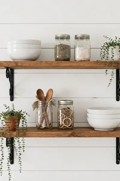 Reclaimed wood open shelves in kitchen