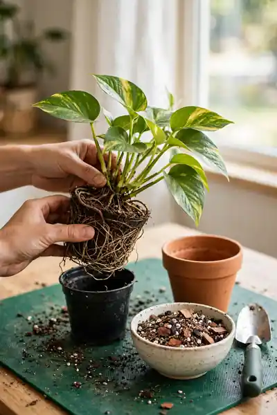Repotting a root-bound pothos into a larger terracotta pot