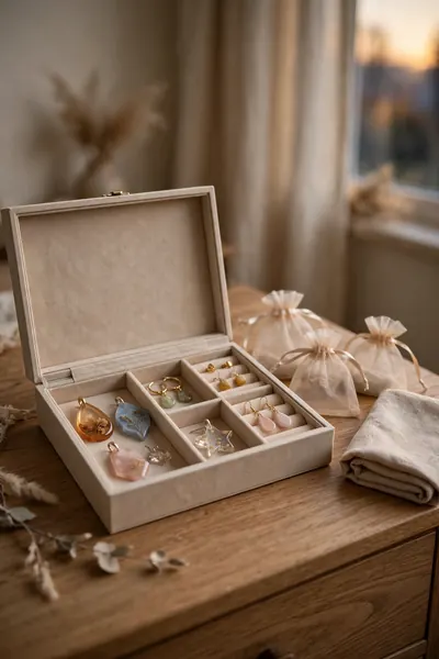 Resin pendants and earrings in separate compartments of a lined jewelry box