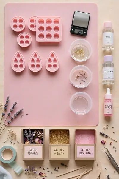 Tidy resin craft workspace with molds scale cups and dried flowers from above