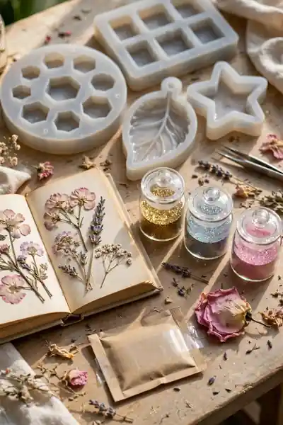 silicone molds with dried flowers and glitter inclusions