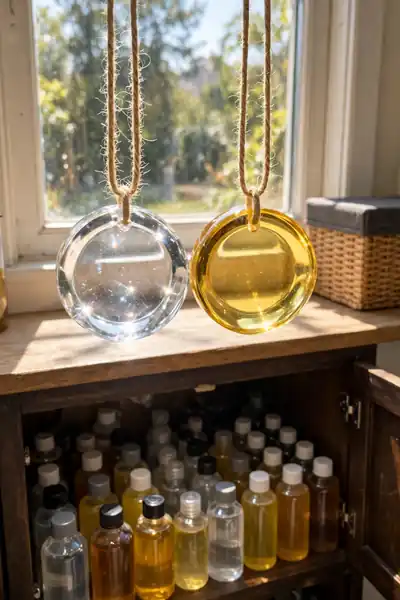clear resin pendant beside a yellowed one