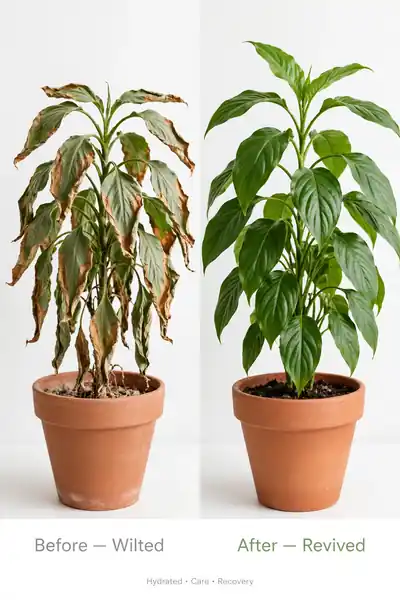 Wilted plant compared with the same plant revived and healthy