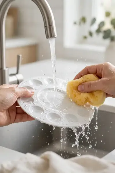 Rinsing a clay paint palette under running tap water
