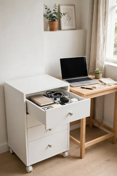 Rolling drawer unit beside a small desk