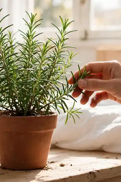 rosemary in a clay pot on a sunny sill
