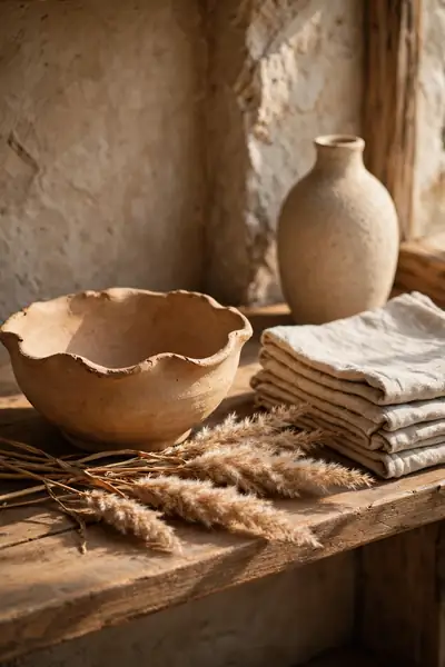 Rustic clay bowl with wavy uneven rim in sand tones