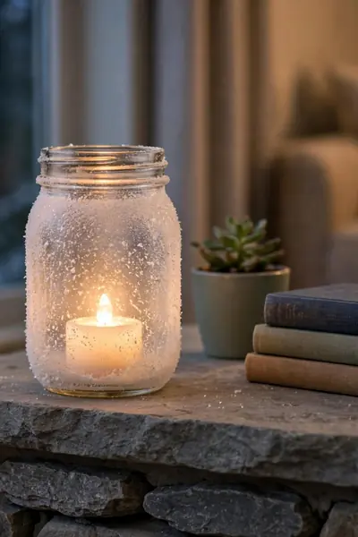 Snowy candle holder placed safely on a mantel