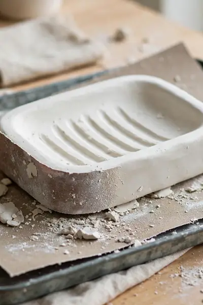 Sanding a dried clay soap dish smooth with fine sandpaper