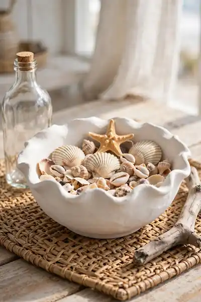 Scalloped edge clay bowl holding seashells and starfish