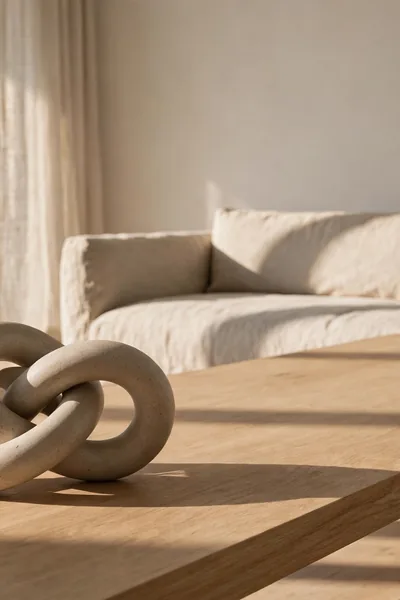 Sculptural ceramic knot standing alone on a coffee table