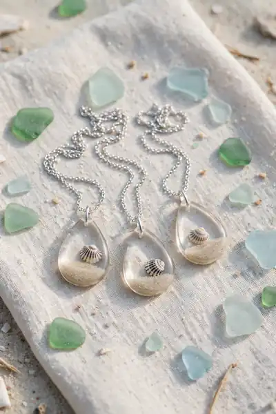 Three resin teardrop pendants with tiny shells and sand on silver chains