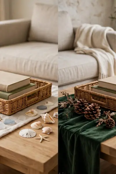 Same coffee table base with summer and winter soft layers