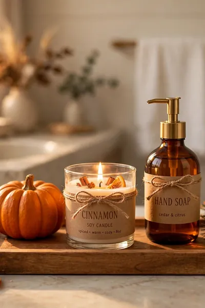 Seasonal bathroom tray styled for autumn