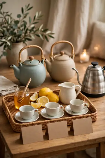 A self serve tea station with labeled teapots