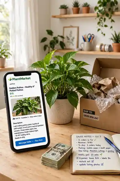 Smartphone plant listing beside a potted plant and shipping box