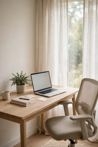 Serene home office with light wood desk and plant