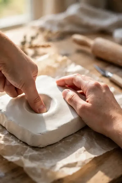 Hands pressing wells into a white clay paint palette