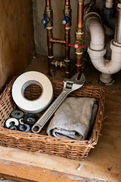 Small basket with plumber tape wrench and spare washers
