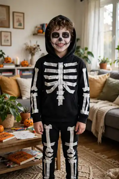Child dressed as a skeleton with tape bones