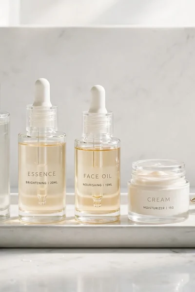 Skincare tray with serums arranged by height