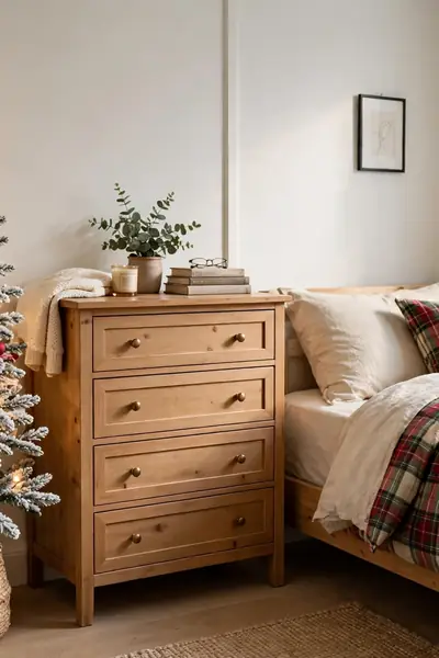 Flocked pencil tree with a woven collar beside a dresser