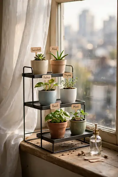 Small windowsill plant nursery on a tiered shelf