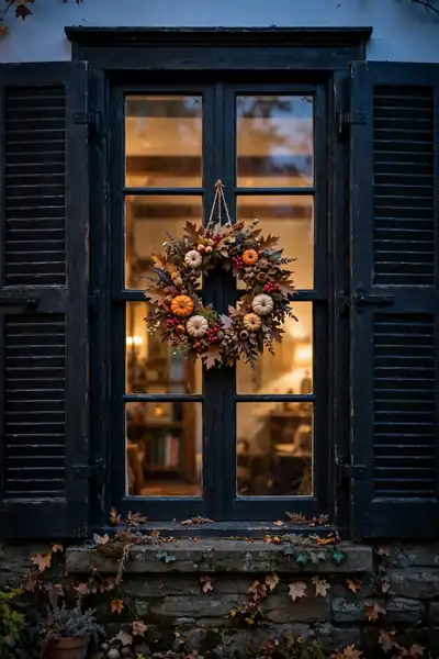 Small fall wreath on a street-facing window
