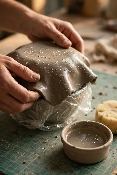 Hands smoothing a wet clay bowl over a plastic wrapped mold