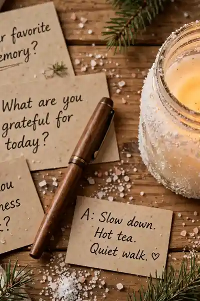 Snowy mason jar with FAQ question cards