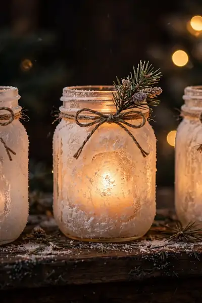Snowy mason jars glowing on a mantel at night