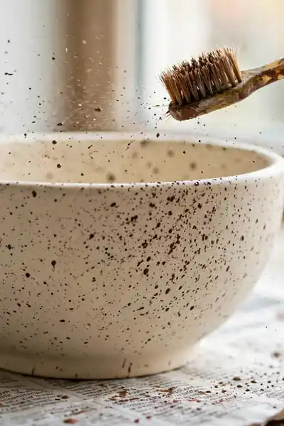 toothbrush flicking dark speckles onto a bowl