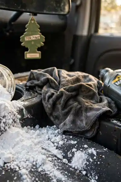 Spilled baking soda jar in a car cupholder