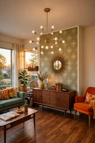 Brass sputnik pendant in a mid century living room