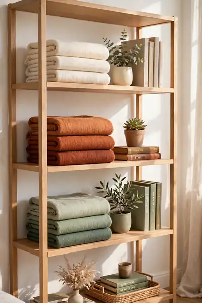 Folded throw blankets stacked on an open shelf