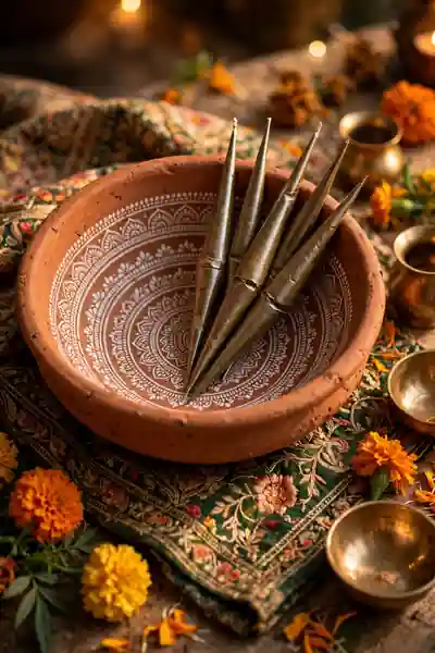 Terracotta clay bowl with stamped white mandala pattern