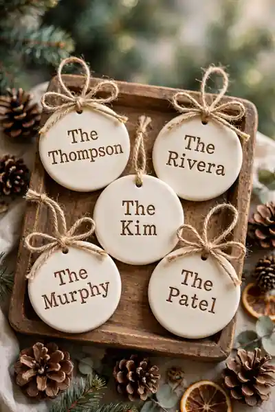 Stamped name ornaments on wooden tray