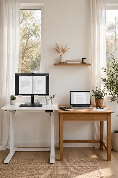 Standing desk versus simple wood desk in bright office